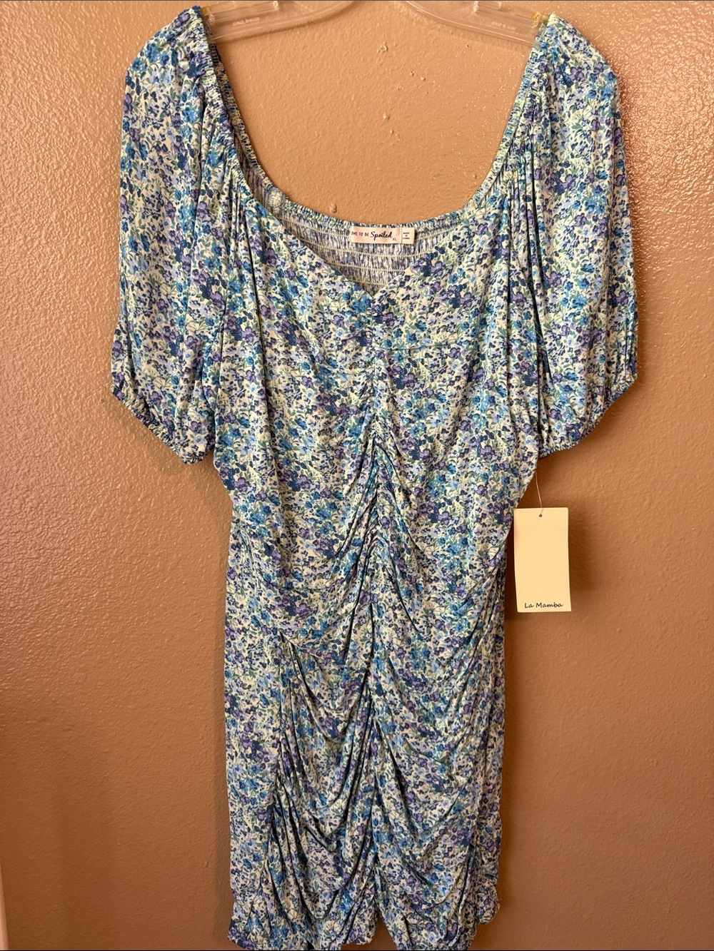 Live to be Spoiled Les Mienette Blue Floral Ruched Mini Dress